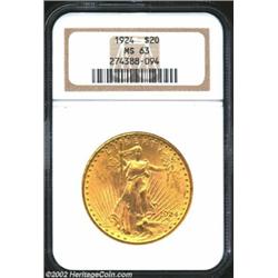 1924 $20 MS63 NGC. Orange-gold color with satiny green fields.From the Aaron Bliss Collection. Impor