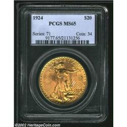 1924 $20 MS65 PCGS. A bright orange-gold Gem that has immaculate surfaces and impressive luster. An.