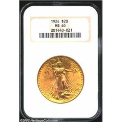 1924 $20 MS65 NGC. A lustrous and well struck Gem that has orange-gold fields and pinkish devices. I