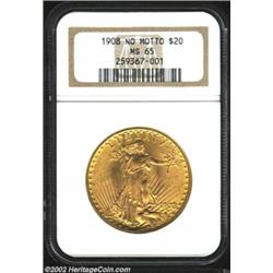 1908 $20 No Motto MS65 NGC. A Gem example of this two-year type coin before IN GOD WE TRUST was adde