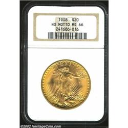 1908 $20 No Motto MS66 NGC. Both sides are orange-gold in color with pleasingly abrasion-free featur