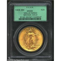 1908 $20 No Motto MS66 PCGS. Ex: Well Fargo Nevada Gold. Undoubtedly one of the finest examples to e