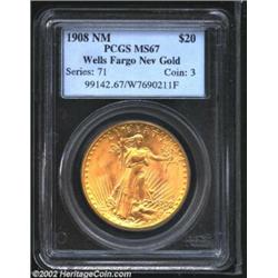 1908 $20 No Motto MS67 PCGS. Ex: Wells Fargo Nevada Gold. An exquisite representative of the type as