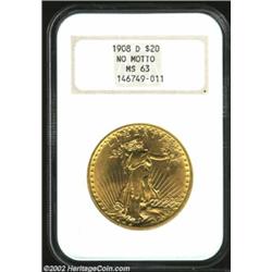 1908-D $20 No Motto MS63 NGC. Very attractive for the grade, with sharp strike and booming lustrous.