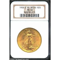 1908-D $20 No Motto MS63 NGC. With slightly subdued luster and attractive frosted surfaces.From the.