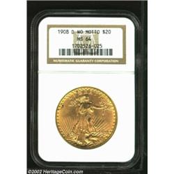 1908-D $20 No Motto MS64 NGC. The Capitol building, torch hand, and nose are boldly detailed. A lust