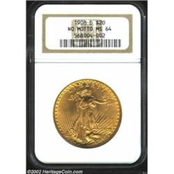 1908-D $20 No Motto MS64 NGC. Bright, satin-like orange-gold surfaces with no serious disturbances o