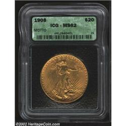 1908 $20 Motto MS62 ICG. Whereas indirect angles display even honey-gold color, pinkish overtones ar