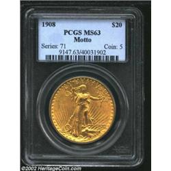 1908 $20 Motto MS63 PCGS. A sharply struck Double Eagle that has carefully preserved surfaces and mo