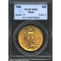 1908 $20 Motto MS63 PCGS. Carefully preserved with rich luster and a minimum of marks for the grade.