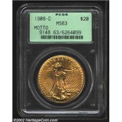 1908-D $20 Motto MS63 PCGS. A flashy representative with attractive honey-gold patina and nicely pre