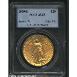 1909/8 $20 AU55 PCGS. A sharply struck and lightly abraded representative that has retained nearly a