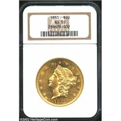 1851 $20 AU55 NGC. Lustrous with highly reflective surfaces and numerous contact marks. From the Aar