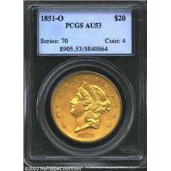 1851-O $20 AU53 PCGS. Not of a low mintage as such, this issue is extremely scarce in AU condition o