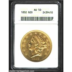 1852 $20 AU50 ANACS. Bright golden-orange surfaces with a noticeable mark in the lower right obverse