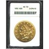 1852 $20 AU50 ANACS. Bright golden-orange surfaces with a noticeable mark in the lower right obverse