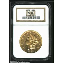 1852 $20 AU58 NGC. A boldly struck representative that has extensive bright luster. The obverse is m