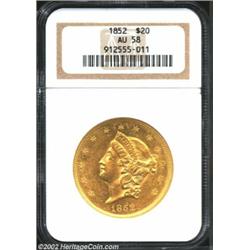 1852 $20 AU58 NGC. An attractive, lustrous and appealing example of the Without Motto type of Libert