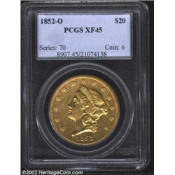 1852-O $20 XF45 PCGS. Early O-mint Liberty Double Eagle that has seen only honest wear and an olive-