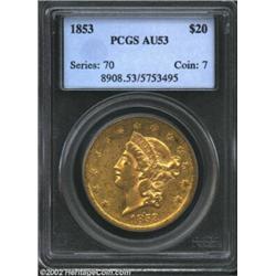 1853 $20 AU53 PCGS. Well struck with reflective olive-gold surfaces. Usual marks for the grade. From