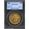 1853 $20 AU53 PCGS. Well struck with reflective olive-gold surfaces. Usual marks for the grade. From