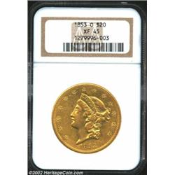 1853-O $20 XF45 NGC. A nice Extremely Fine example of this New Orleans Mint issue with a scant minta