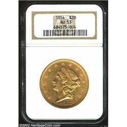 1854 $20 Small Date AU53 NGC. Satiny with delicate orange and rose accents. Surface marks are relati