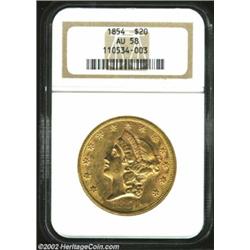 1854 $20 Large Date AU58 NGC. Breen-7168. The vast majority of extant 1854 Double Eagles display a S