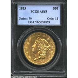 1855 $20 AU53 PCGS. Lightly circulated scarce P-mint issue. Olive-green surfaces that retain luster.