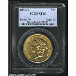 1855-S $20 XF45 PCGS. The borders and devices have surprising luster, but the surfaces are moderatel