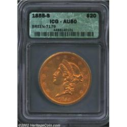 1855-S $20 AU50 ICG. Breen-7179. Broken A crossbar in STATES. Abundant orange-gold luster glimmers f