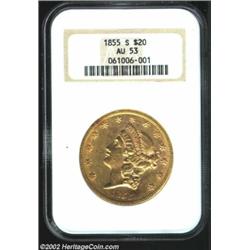 1855-S $20 AU53 NGC. Sharply struck, with slight weakness near the centers, this specimen retains ve