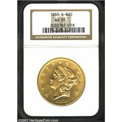 1855-S $20 AU55 NGC. Adequately struck for this second year San Francisco issue, with a generous amo