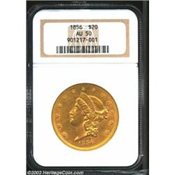 1856 $20 AU50 NGC. Lightly circulated with two pinscratches across the obverse.From the Aaron Bliss.