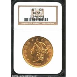 1857 $20 AU58 NGC. Light overall wear, with attractive surfaces and strike.From the Aaron Bliss Coll