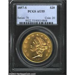 1857-S $20 AU55 PCGS. Both the color and luster on this early S-mint Twenty are especially attractiv