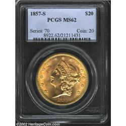 1857-S $20 MS62 PCGS. A boldly struck Type One S-mint with a vibrant, satiny sheen that is disturbed