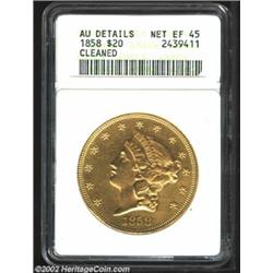 1858 $20--Cleaned--ANACS. AU Details, Net XF45. Sharply struck and obviously hairlined with on notic