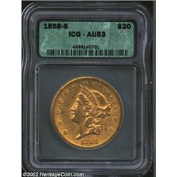 1858-S $20 AU53 ICG. An even green-gold color is seen on both sides as is a lack of distracting mark