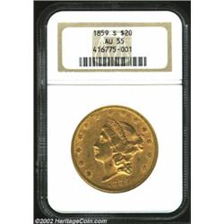 1859-S $20 AU55 NGC. Fourteen Type One Double Eagle issues were produced in the San Francisco Mint..