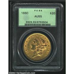 1860 $20 AU55 PCGS. A sharply struck representative that has ample mint luster and a relatively unab