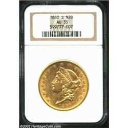 1860-S $20 AU55 NGC. The 1860-S is a scarcer Type One Double Eagle and has not been found in hoard q