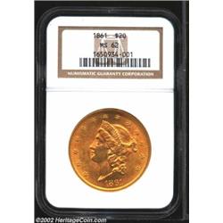 1861 $20 MS62 NGC. Fully struck throughout with complete radials on the stars, fully defined hair de