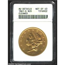 1861-S $20--Cleaned--ANACS. AU Details, Net XF40. A sharply struck example of this scarcer S-mint Tw