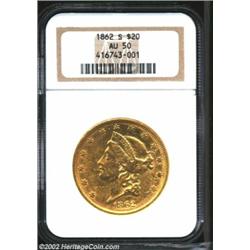 1862-S $20 AU50 NGC. Circulated with an abraded obverse.From the Aaron Bliss Collection. Important n