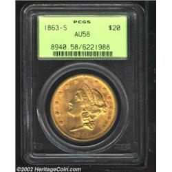 1863-S $20 AU58 PCGS. A scarcer Type One S-mint Twenty that is now obtainable in Mint State because.