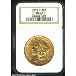 1863-S $20 MS61 NGC. A lustrous example of this popular Type One Twenty that is available now in lar