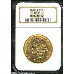 1864-S $20 AU55 NGC. A second, and even finer '64-S Twenty, this coin retains plenty of frosty mint.