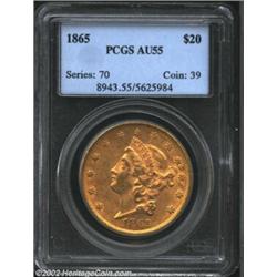 1865 $20 AU55 PCGS. Lots of luster remains on both mark-free sides. Still somewhat frosty and comple