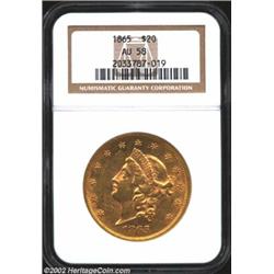 1865 $20 AU58 NGC. The 1865 (351,200 pieces produced) is an overlooked rarity, particularly in grade